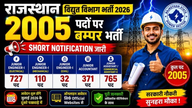 Rajasthan Vidyut Vibhag Vacancy 2026: JEN, Junior Accountant और Junior Assistant के 2005 पदों पर Short Notification जारी
